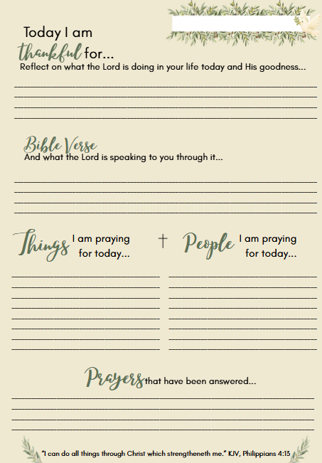 The Daily Quiet Time Prayer & Gratitude Journal Single Sheet (Instant Printable Download)